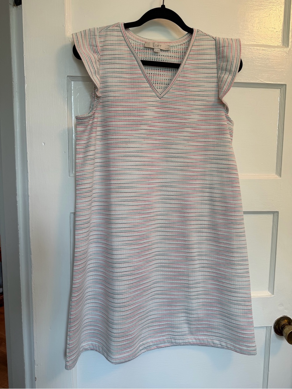 LOFT Pink and Light Blue Striped V-Neck Flutter Sleeve Mini Dress